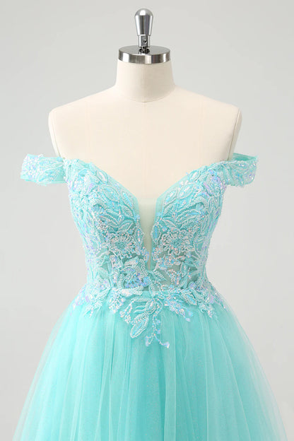 Amzcw Light Green A Line Sequins Pleated Corset Off The Shoulder Short Homecoming Dress