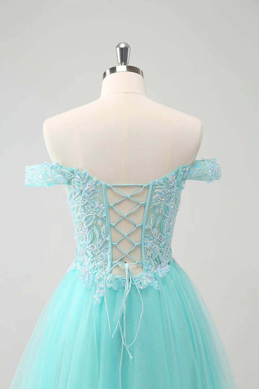Amzcw Light Green A Line Sequins Pleated Corset Off The Shoulder Short Homecoming Dress