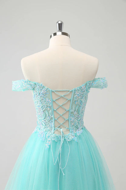Amzcw Light Green A Line Sequins Pleated Corset Off The Shoulder Short Homecoming Dress