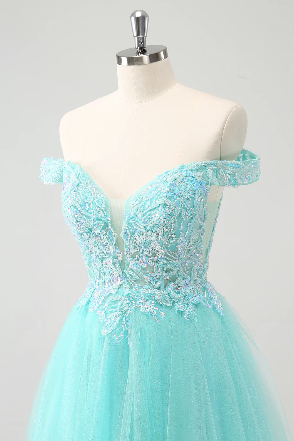 Amzcw Light Green A Line Sequins Pleated Corset Off The Shoulder Short Homecoming Dress