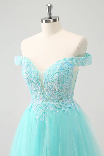 Amzcw Light Green A Line Sequins Pleated Corset Off The Shoulder Short Homecoming Dress