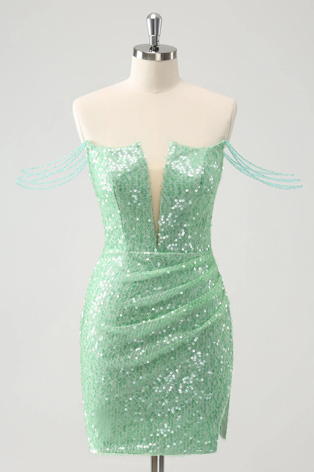 Amzcw Sparkly Green Off the Shoulder Ruched Tight Homecoming Dress with Sequins