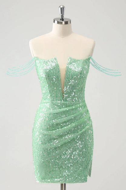 Amzcw Sparkly Green Off the Shoulder Ruched Tight Homecoming Dress with Sequins