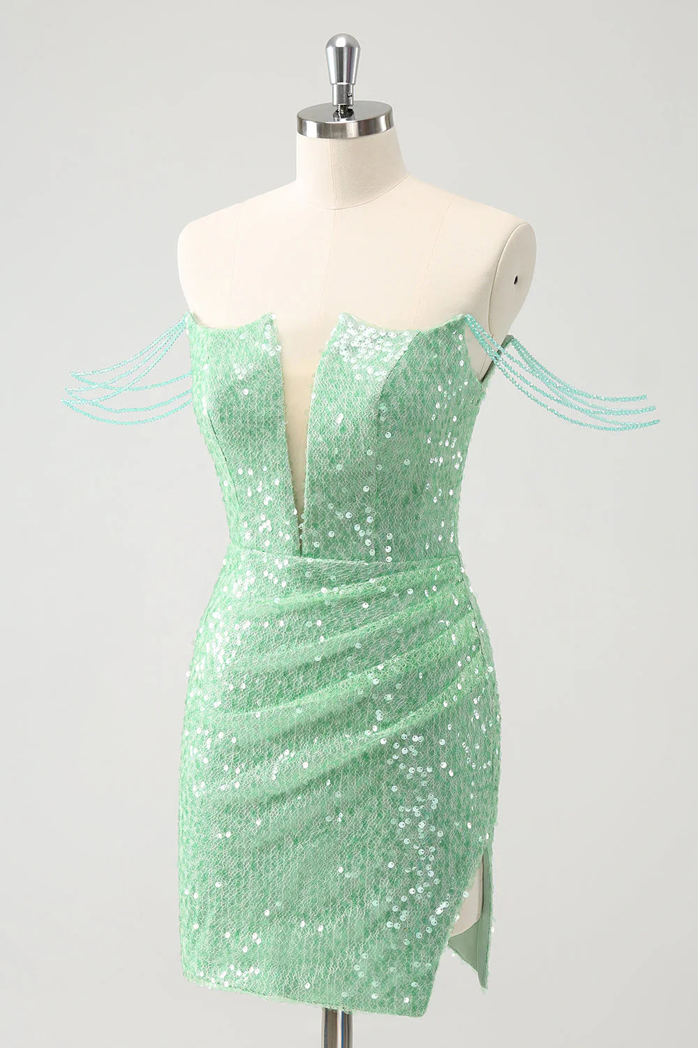 Amzcw Sparkly Green Off the Shoulder Ruched Tight Homecoming Dress with Sequins