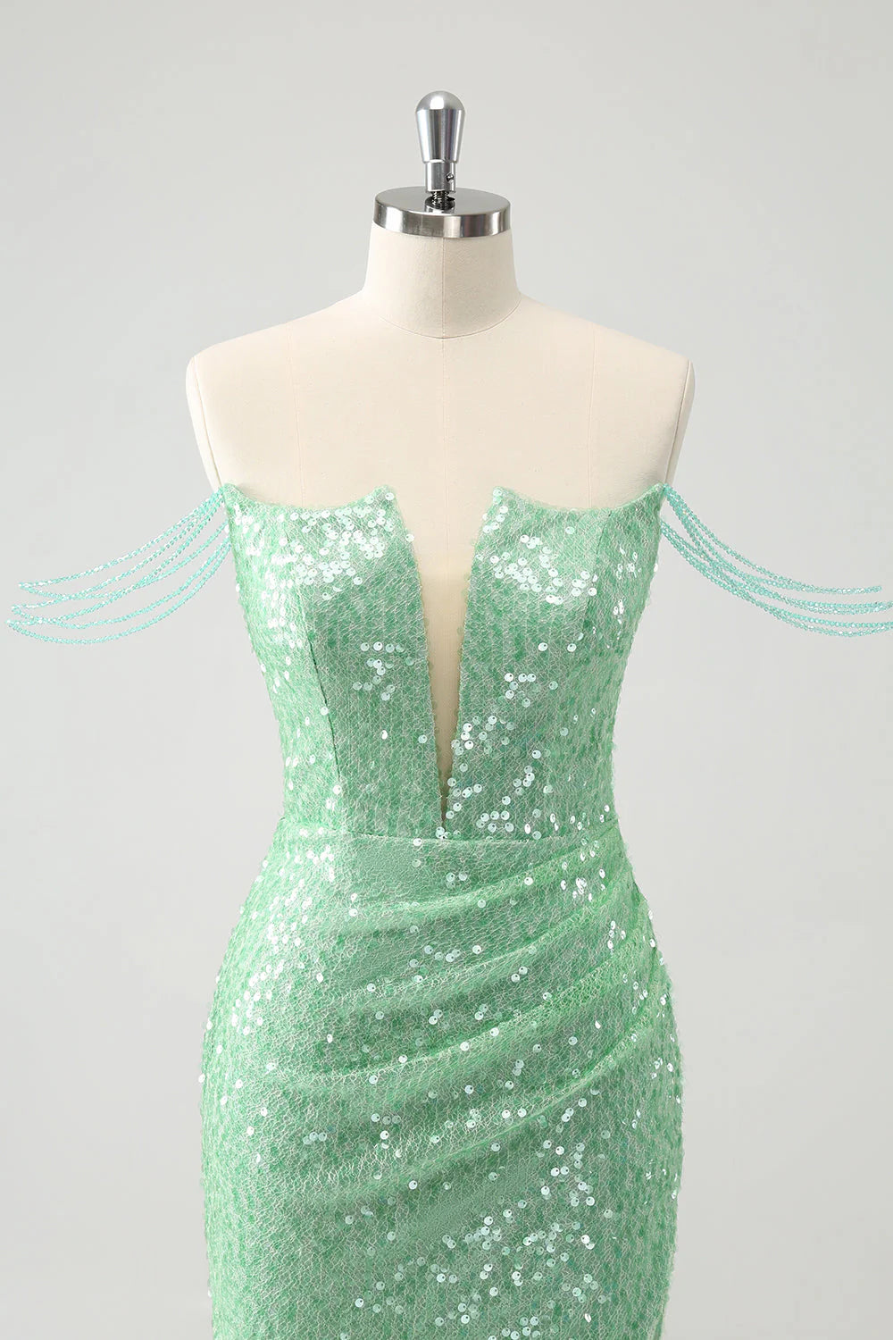 Amzcw Sparkly Green Off the Shoulder Ruched Tight Homecoming Dress with Sequins