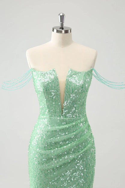 Amzcw Sparkly Green Off the Shoulder Ruched Tight Homecoming Dress with Sequins