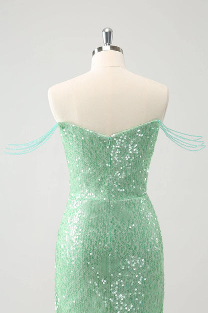 Amzcw Sparkly Green Off the Shoulder Ruched Tight Homecoming Dress with Sequins