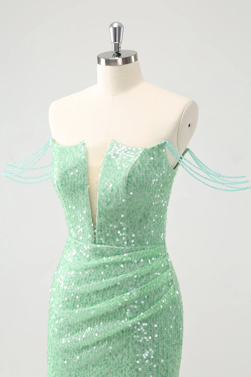 Amzcw Sparkly Green Off the Shoulder Ruched Tight Homecoming Dress with Sequins
