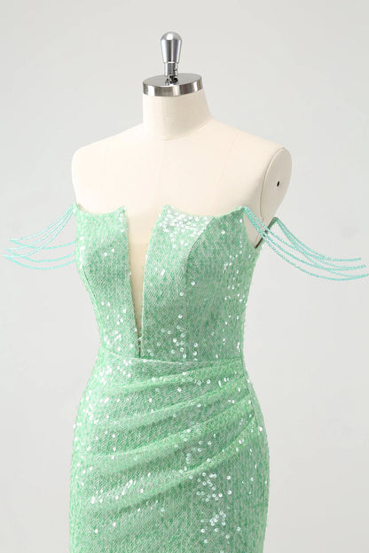Amzcw Sparkly Green Off the Shoulder Ruched Tight Homecoming Dress with Sequins