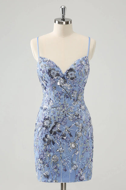 Amzcw Grey Blue Spaghetti Straps Short Tight Homecoming Dress with Appliqued Sequins