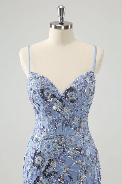 Amzcw Grey Blue Spaghetti Straps Short Tight Homecoming Dress with Appliqued Sequins