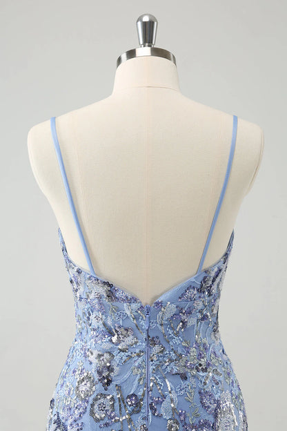 Amzcw Grey Blue Spaghetti Straps Short Tight Homecoming Dress with Appliqued Sequins