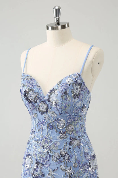 Amzcw Grey Blue Spaghetti Straps Short Tight Homecoming Dress with Appliqued Sequins