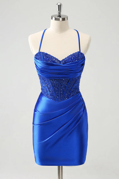Amzcw Sparkly Royal Blue Sequin Pleated Tight Corset Short Homecoming Dress