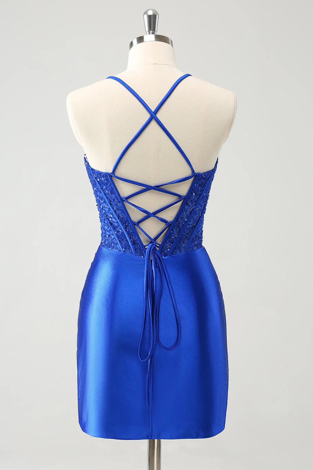 Amzcw Sparkly Royal Blue Sequin Pleated Tight Corset Short Homecoming Dress