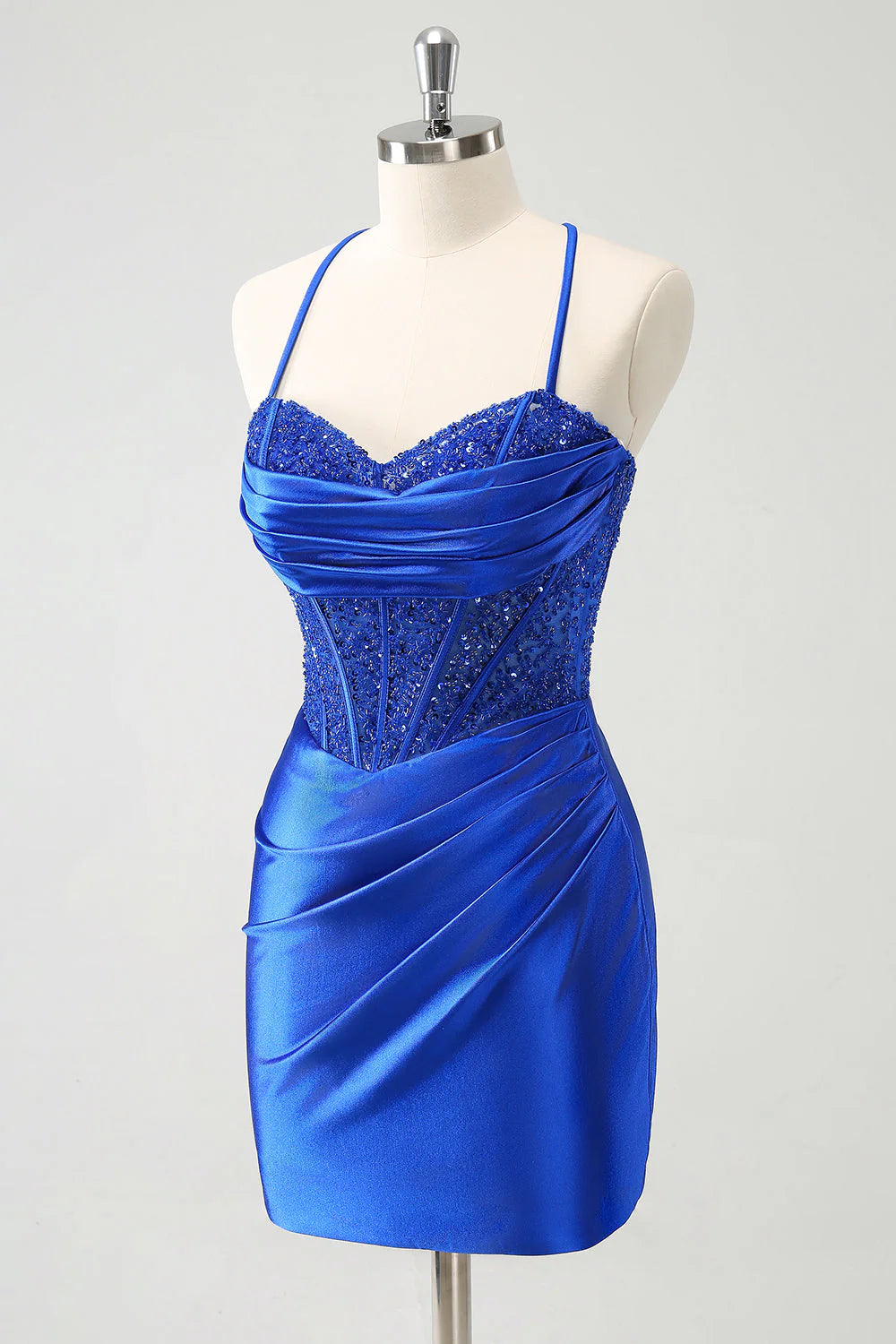 Amzcw Sparkly Royal Blue Sequin Pleated Tight Corset Short Homecoming Dress