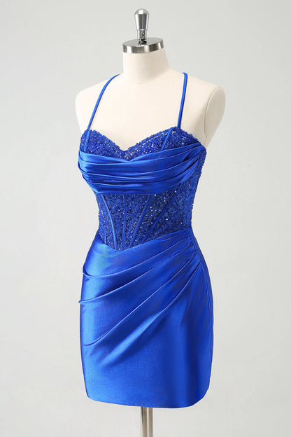 Amzcw Sparkly Royal Blue Sequin Pleated Tight Corset Short Homecoming Dress