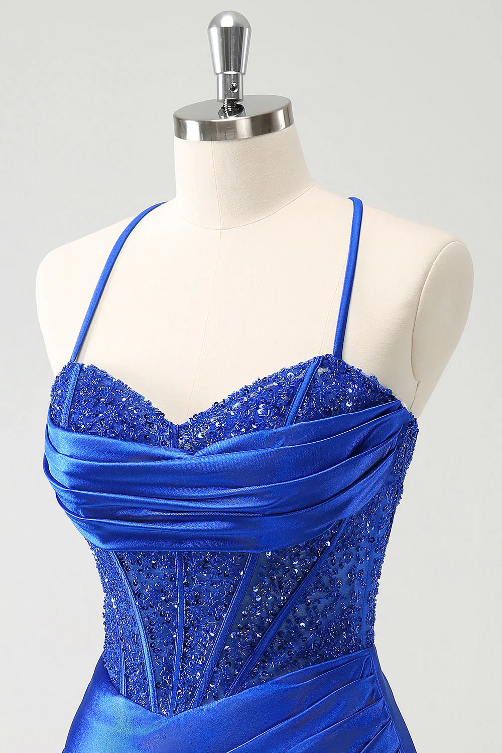 Amzcw Sparkly Royal Blue Sequin Pleated Tight Corset Short Homecoming Dress