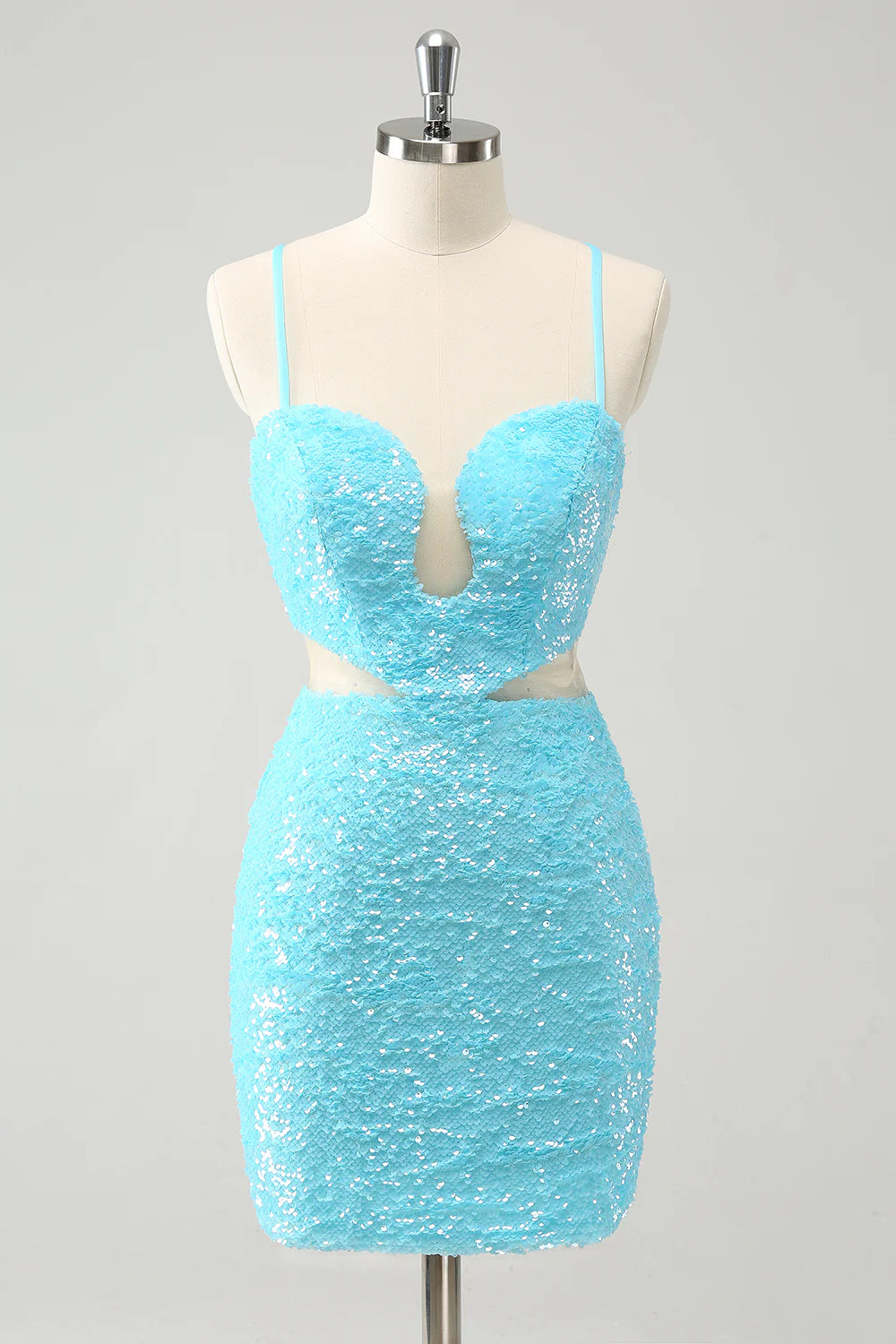 Amzcw Sparkly Light Blue Spaghetti straps Sequins Tight Homecoming Dress