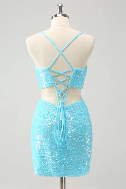 Amzcw Sparkly Light Blue Spaghetti straps Sequins Tight Homecoming Dress
