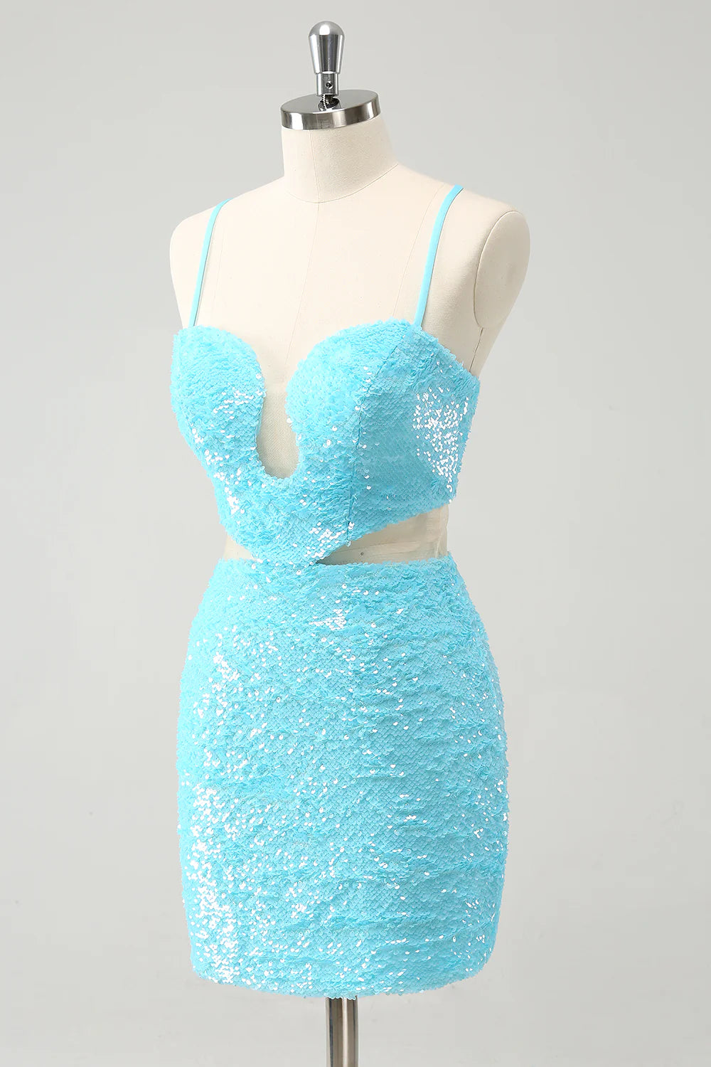 Amzcw Sparkly Light Blue Spaghetti straps Sequins Tight Homecoming Dress