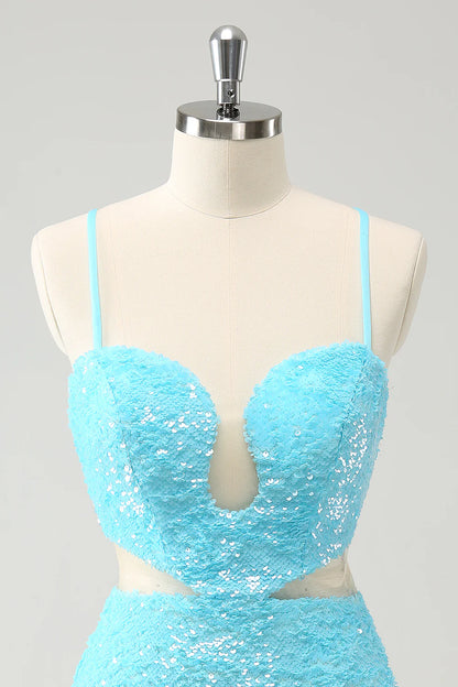 Amzcw Sparkly Light Blue Spaghetti straps Sequins Tight Homecoming Dress
