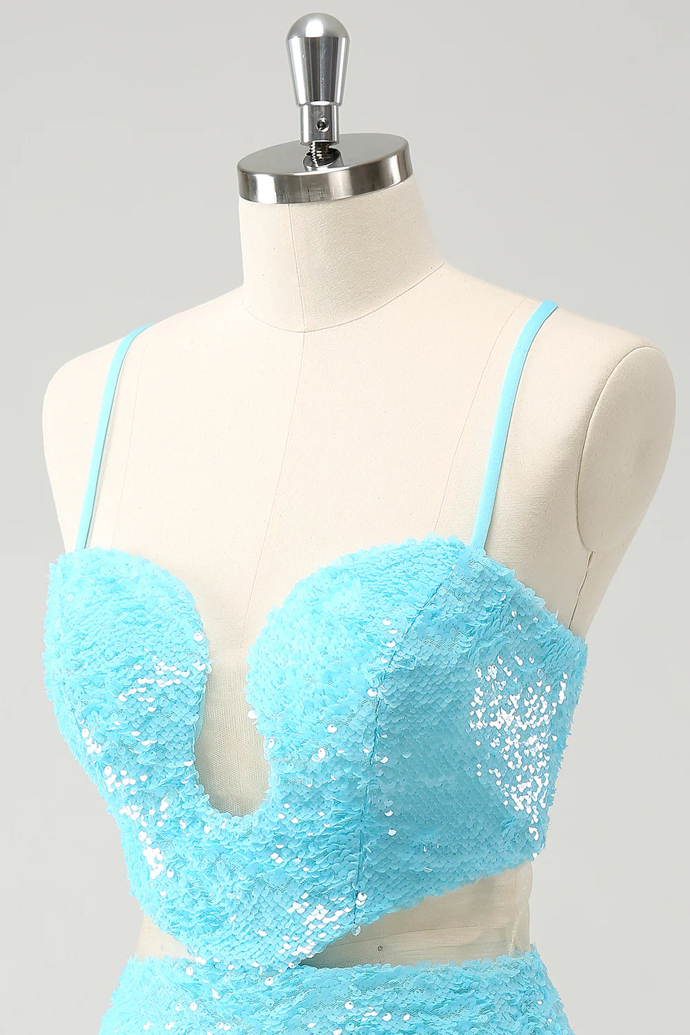 Amzcw Sparkly Light Blue Spaghetti straps Sequins Tight Homecoming Dress