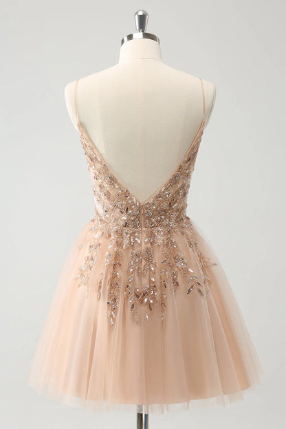 Amzcw Blush A Line Spaghetti Straps Sequin Tulle Homecoming Dress with Beading