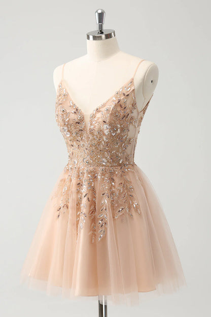Amzcw Blush A Line Spaghetti Straps Sequin Tulle Homecoming Dress with Beading