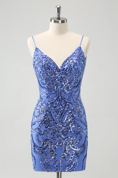 Amzcw Sparkly Blue Spaghetti Straps Tight Sequin Short Homecoming Dress