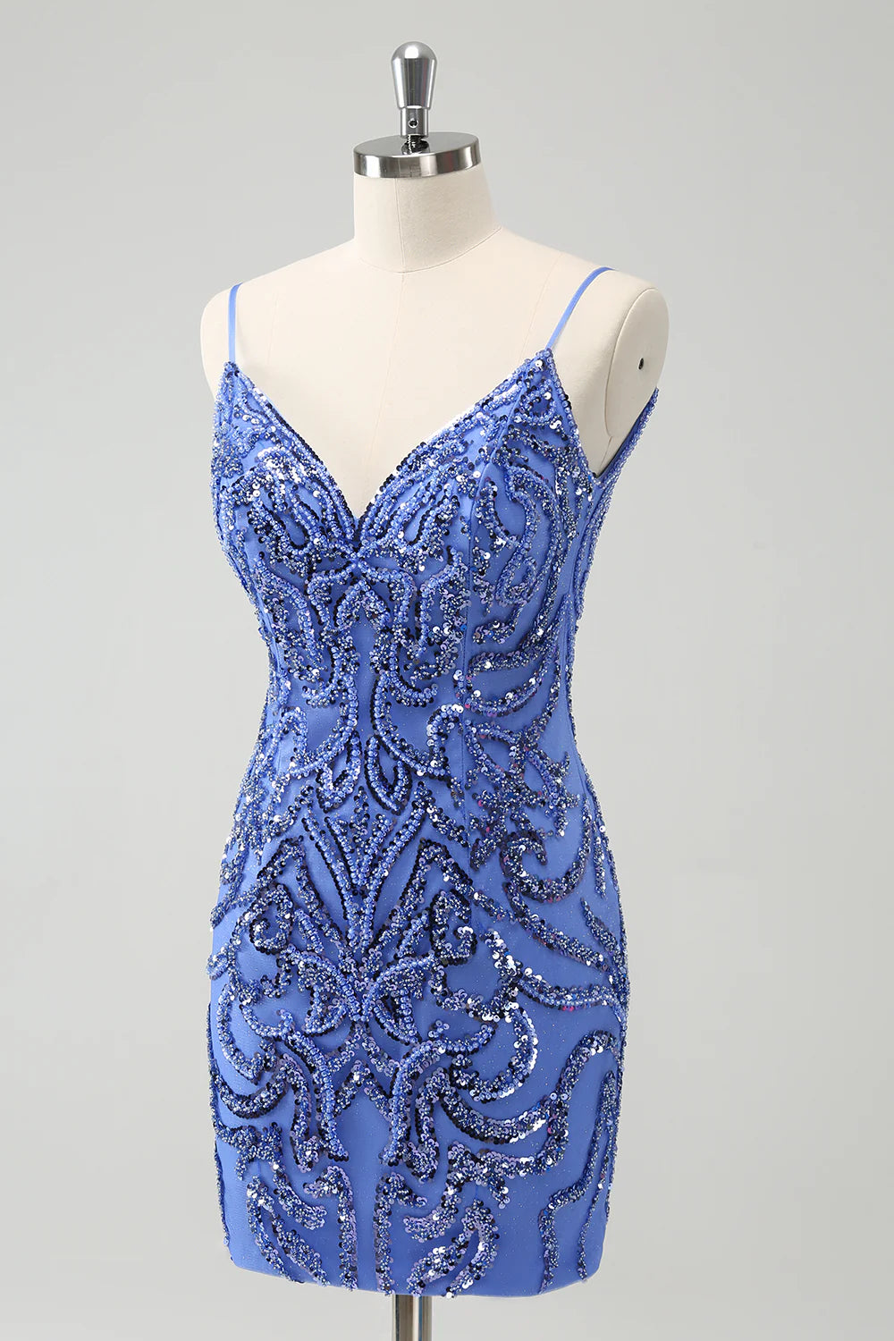 Amzcw Sparkly Blue Spaghetti Straps Tight Sequin Short Homecoming Dress