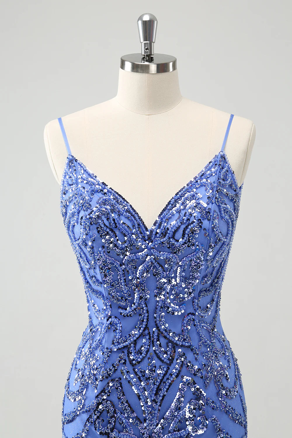 Amzcw Sparkly Blue Spaghetti Straps Tight Sequin Short Homecoming Dress