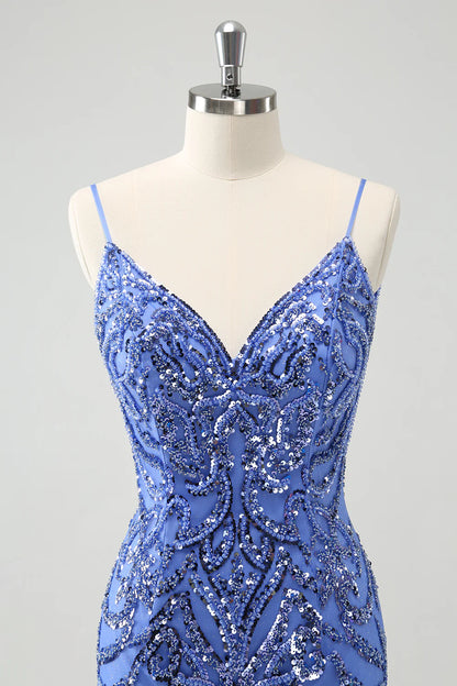 Amzcw Sparkly Blue Spaghetti Straps Tight Sequin Short Homecoming Dress
