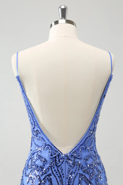 Amzcw Sparkly Blue Spaghetti Straps Tight Sequin Short Homecoming Dress