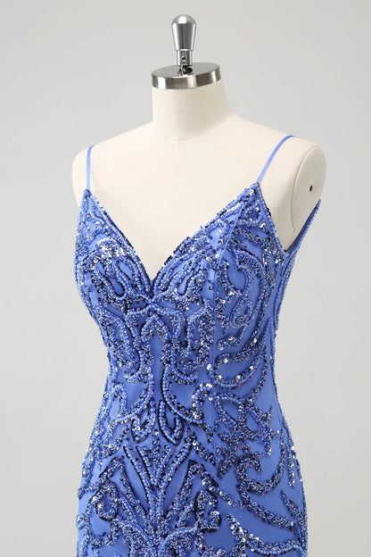 Amzcw Sparkly Blue Spaghetti Straps Tight Sequin Short Homecoming Dress