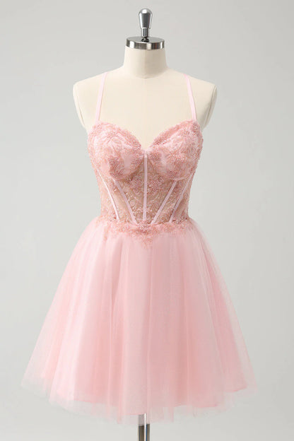Amzcw Pink Tulle A Line Corset Short Homecoming Dress with Beading