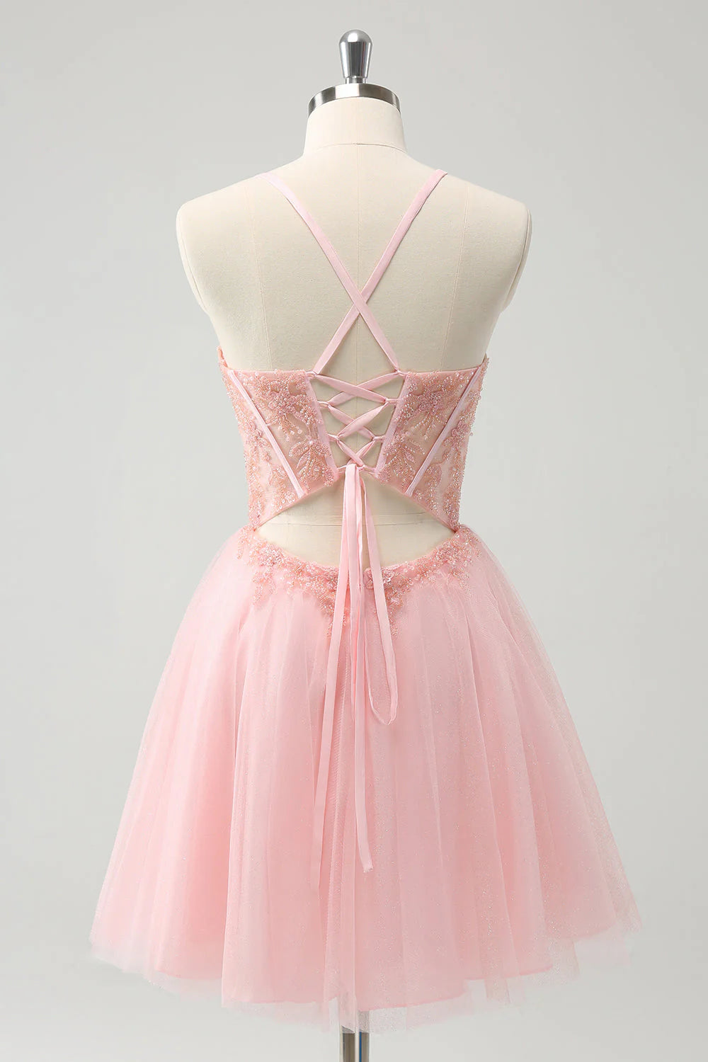 Amzcw Pink Tulle A Line Corset Short Homecoming Dress with Beading