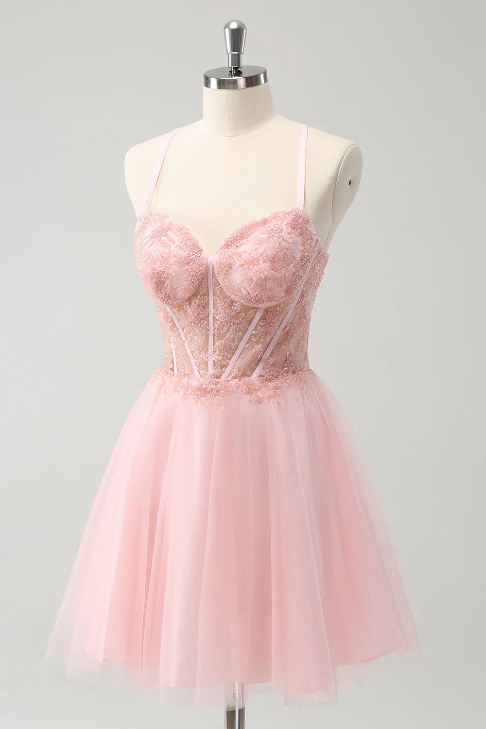 Amzcw Pink Tulle A Line Corset Short Homecoming Dress with Beading