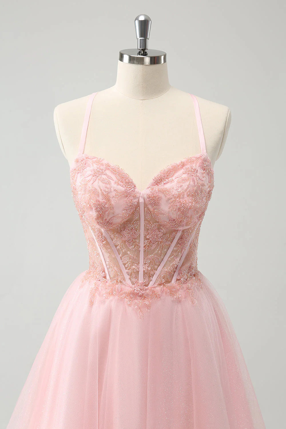 Amzcw Pink Tulle A Line Corset Short Homecoming Dress with Beading