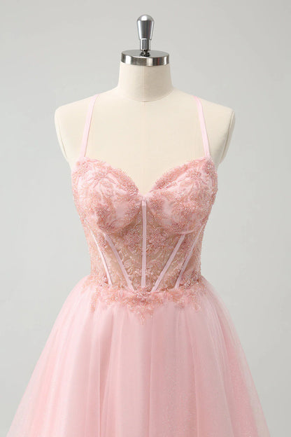 Amzcw Pink Tulle A Line Corset Short Homecoming Dress with Beading