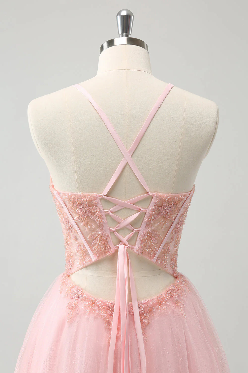 Amzcw Pink Tulle A Line Corset Short Homecoming Dress with Beading