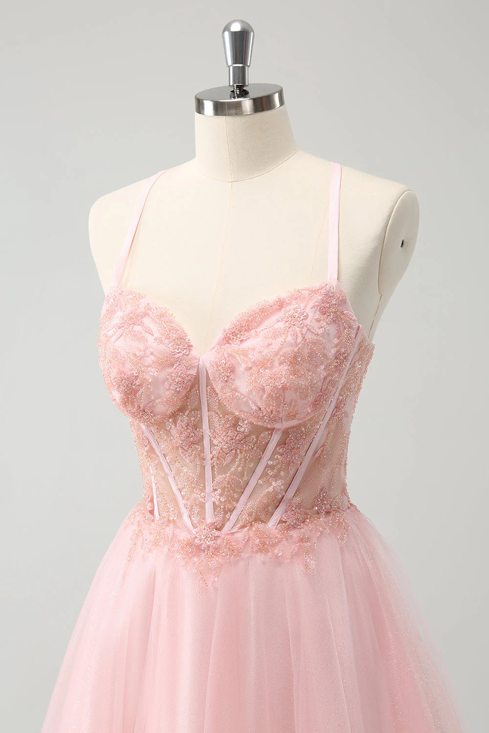 Amzcw Pink Tulle A Line Corset Short Homecoming Dress with Beading
