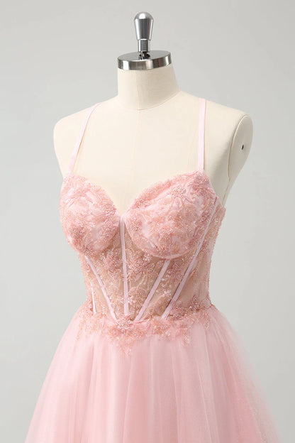 Amzcw Pink Tulle A Line Corset Short Homecoming Dress with Beading