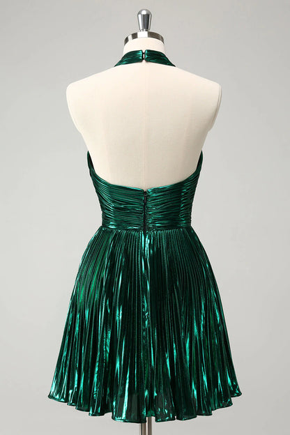 Amzcw Glitter Dark Green Halter A-Line Pleated Metallic Homecoming Dress