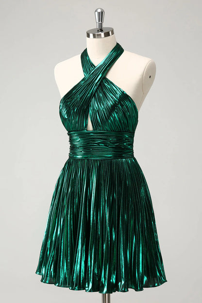 Amzcw Glitter Dark Green Halter A-Line Pleated Metallic Homecoming Dress