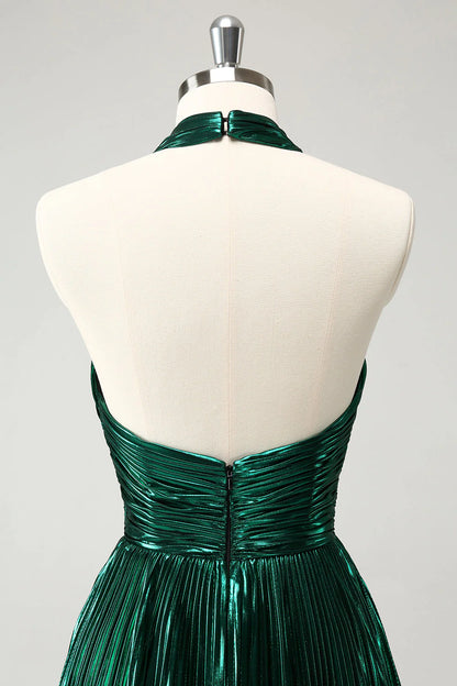 Amzcw Glitter Dark Green Halter A-Line Pleated Metallic Homecoming Dress
