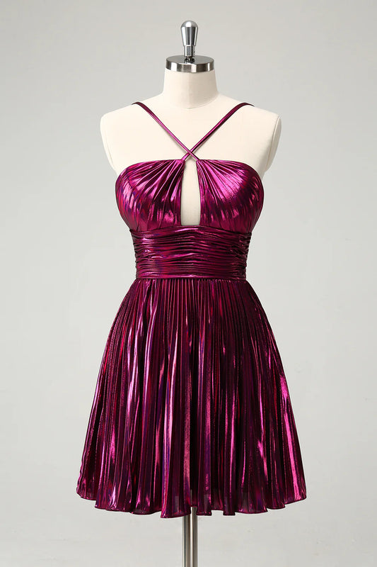 Amzcw Purple A Line Pleated Hollow Out Short Metallic Homecoming Dress