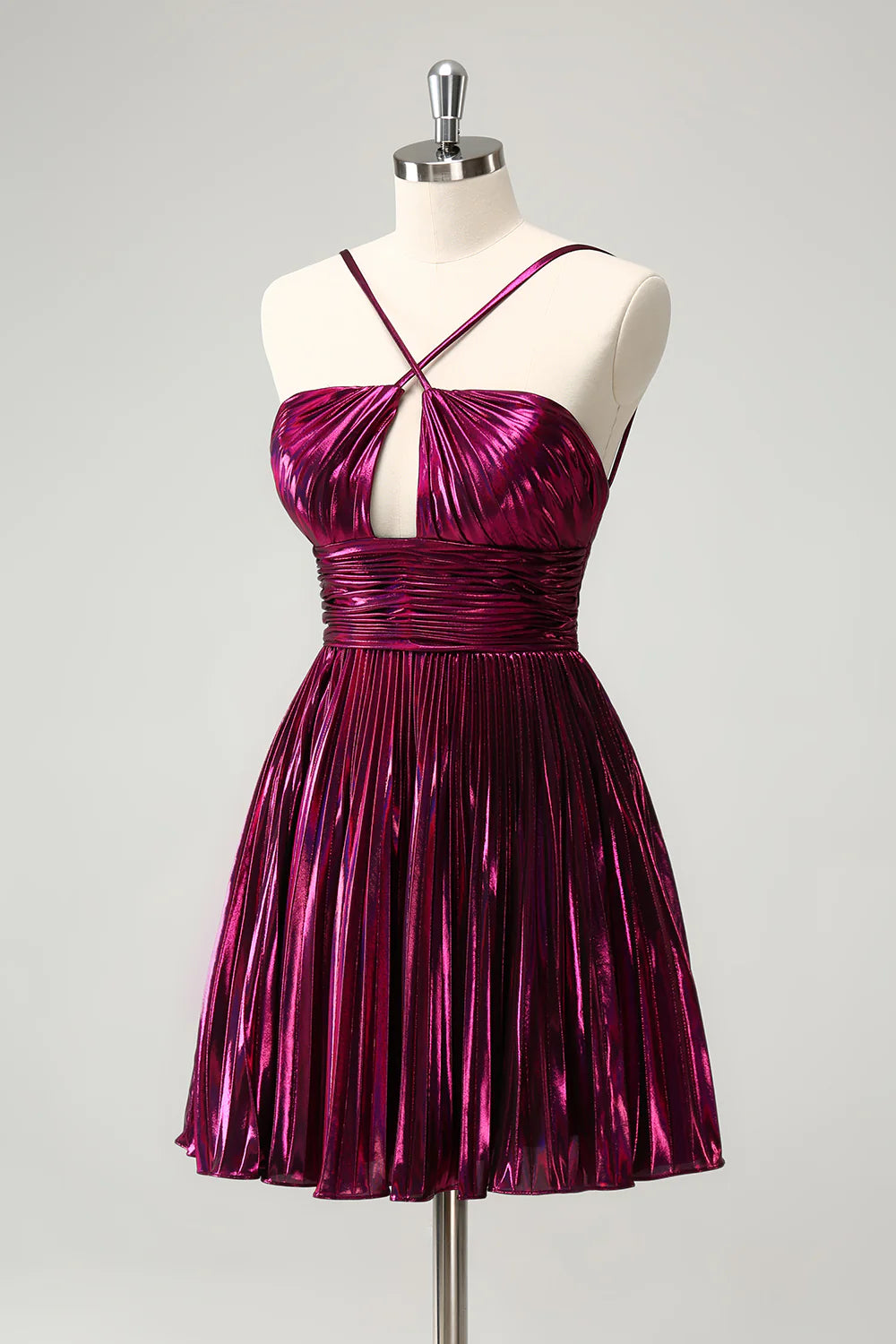 Amzcw Purple A Line Pleated Hollow Out Short Metallic Homecoming Dress
