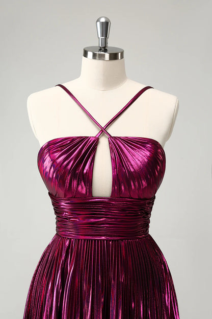 Amzcw Purple A Line Pleated Hollow Out Short Metallic Homecoming Dress
