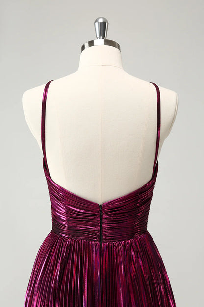 Amzcw Purple A Line Pleated Hollow Out Short Metallic Homecoming Dress